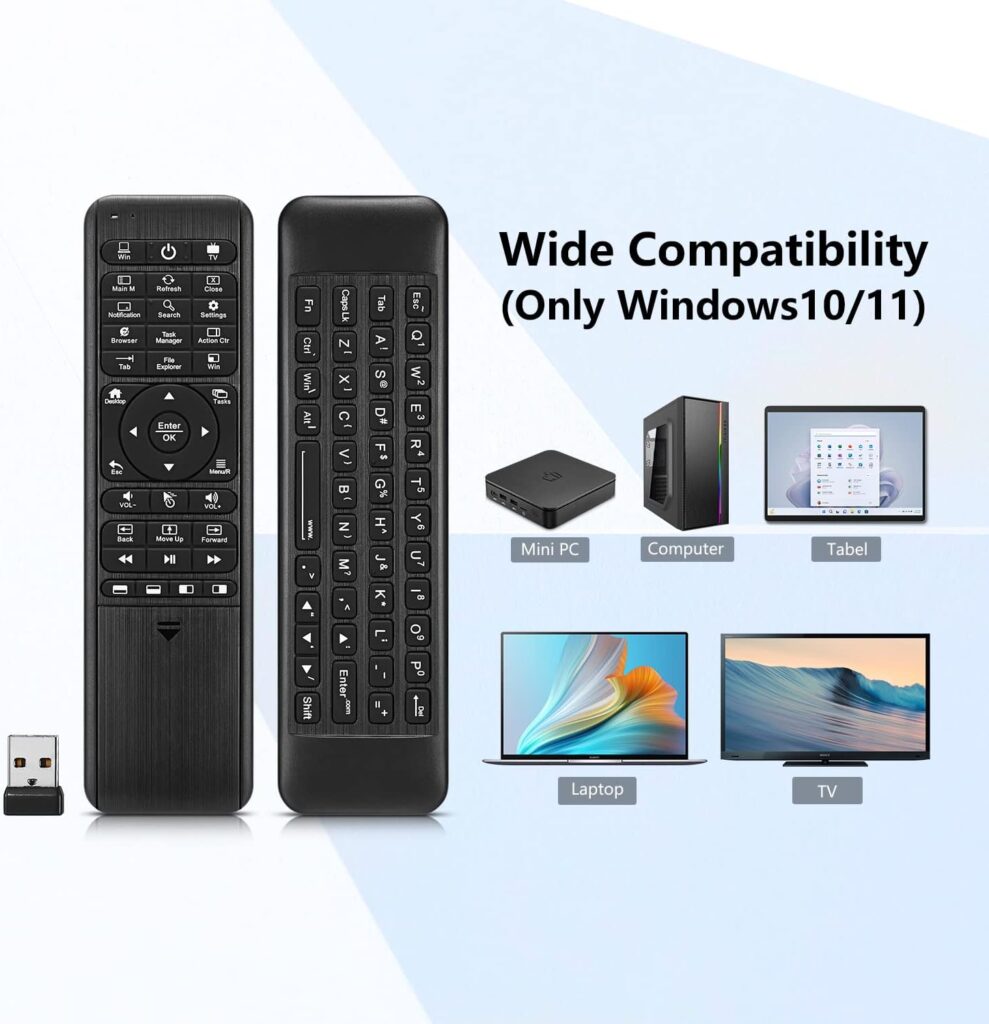 Pepper Jobs W10 GYRO Air TV Remote,QWERTY Keyboard Fly Mouse for Win 11/10, LED Backlit Keyboard Mini PC Controller, 6-Axis Gyro w/Learning Remote Control Function