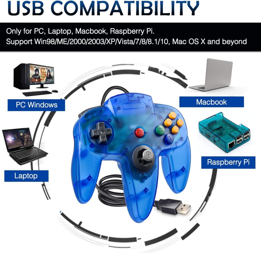 Classic USB Controller for N64 Gaming, miadore USB Retro N64 Gamepad Joystick Joypad for Windows PC MAC Linux Raspberry Pi 3 (Clear Blue) [Windows]