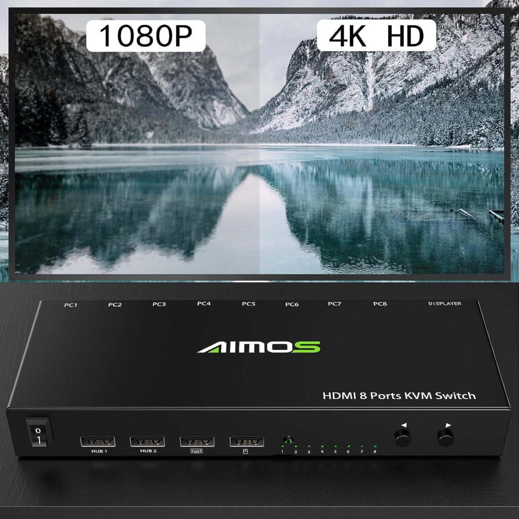 KVM USB Switch, 8 in 1 Out HDMI Switcher Box Support 4K@30Hz for 8 PC Share Keyboard and Mouse, Support USB Hub Connect, Compatible with Windows/Linux/Mac System etc