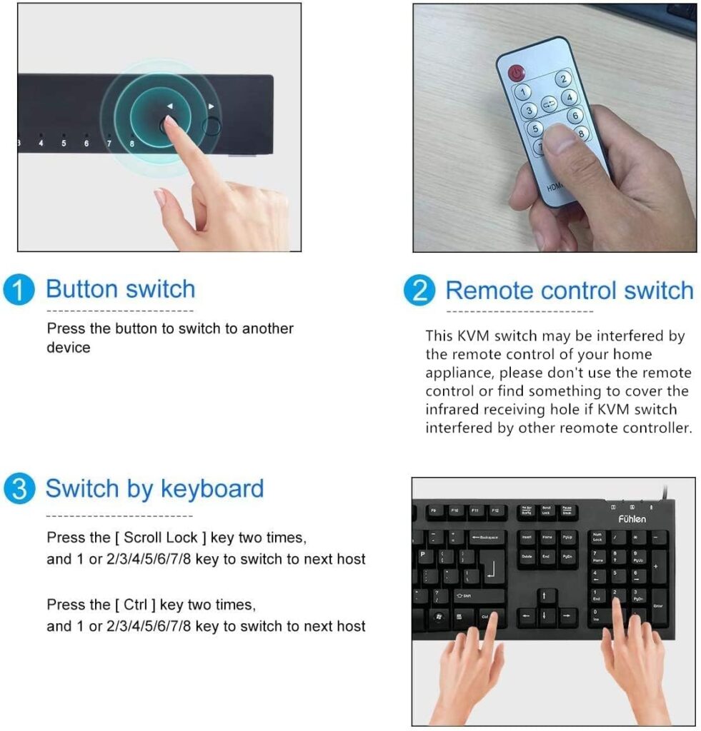 KVM USB Switch, 8 in 1 Out HDMI Switcher Box Support 4K@30Hz for 8 PC Share Keyboard and Mouse, Support USB Hub Connect, Compatible with Windows/Linux/Mac System etc