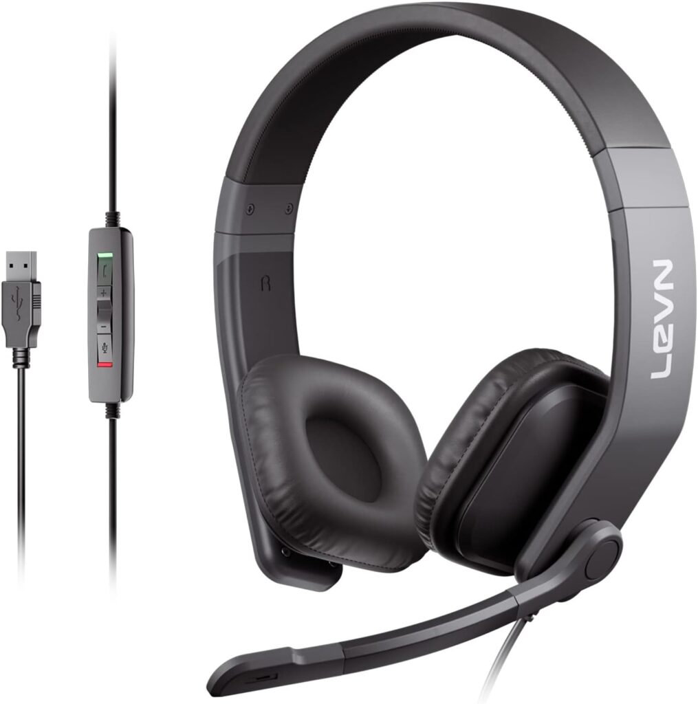 LEVN Wired Headset, USB Headset with Microphone for PC with Noise Cancelling, in-line Controls  Mute Button, Computer Headset for Work from Home/Call Center/Office/Online Class/Teams/Zoom/Skype