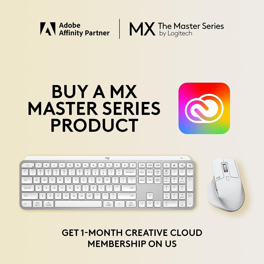 Logitech MX Master 3S - Wireless Performance Mouse, Ergo, 8K DPI, Track on Glass, Quiet Clicks, USB-C, Bluetooth, Windows, Linux, Chrome - Pale Grey - With Free Adobe Creative Cloud Subscription