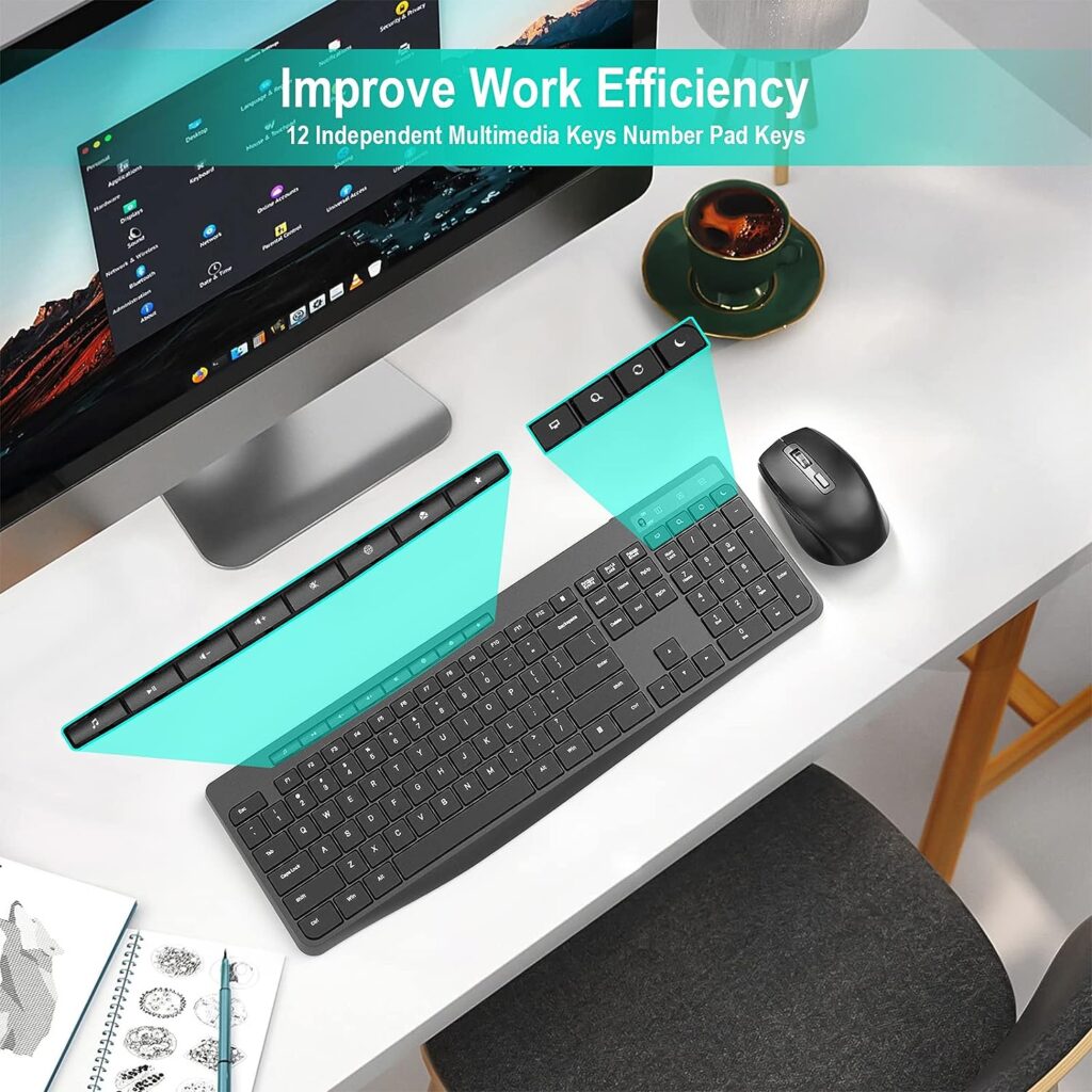 Wireless Keyboard and Mouse Combo,EarlyLit 2.4G Full-Sized Ergonomic Keyboard Mouse,3 DPI Adjustable Cordless USB Mouse and Keyboard,12 Shortcut Keys and Quiet Click for Computer/Laptop/Windows/Mac