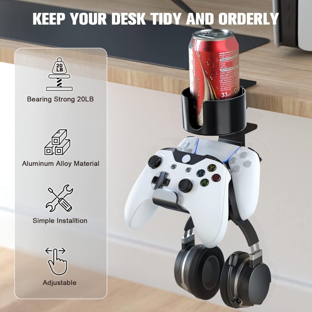 TOCiTAA 2023 New Controller Holder with Headphone Hanger, 3 in 1 Desk Cup Holder with Headphone Stand, Controller Stand Gaming Accessories, Game Controller Stand Holder for Xbox, PS4, PS5, PC, Switch