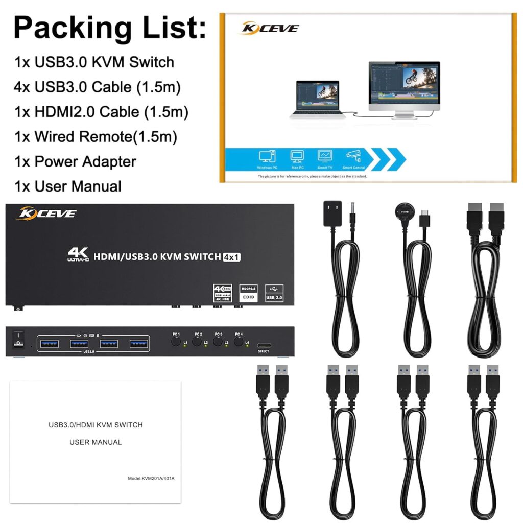 USB 3.0 KVM Switch HDMI 4 Port Support 4K@60Hz 2K@120Hz Simulation EDID,MLEEDA HDMI USB Switch for 4 Computers Share 1 Monitor and 4 USB 3.0 Port,with Desktop Controller and KVM Cables